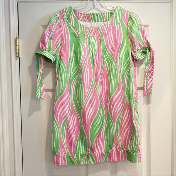 Lilly Pulitzer Silk Mini Dress Size 4 Pink Green Leaf Print Tie Short Sleeve - Picture 9 of 14